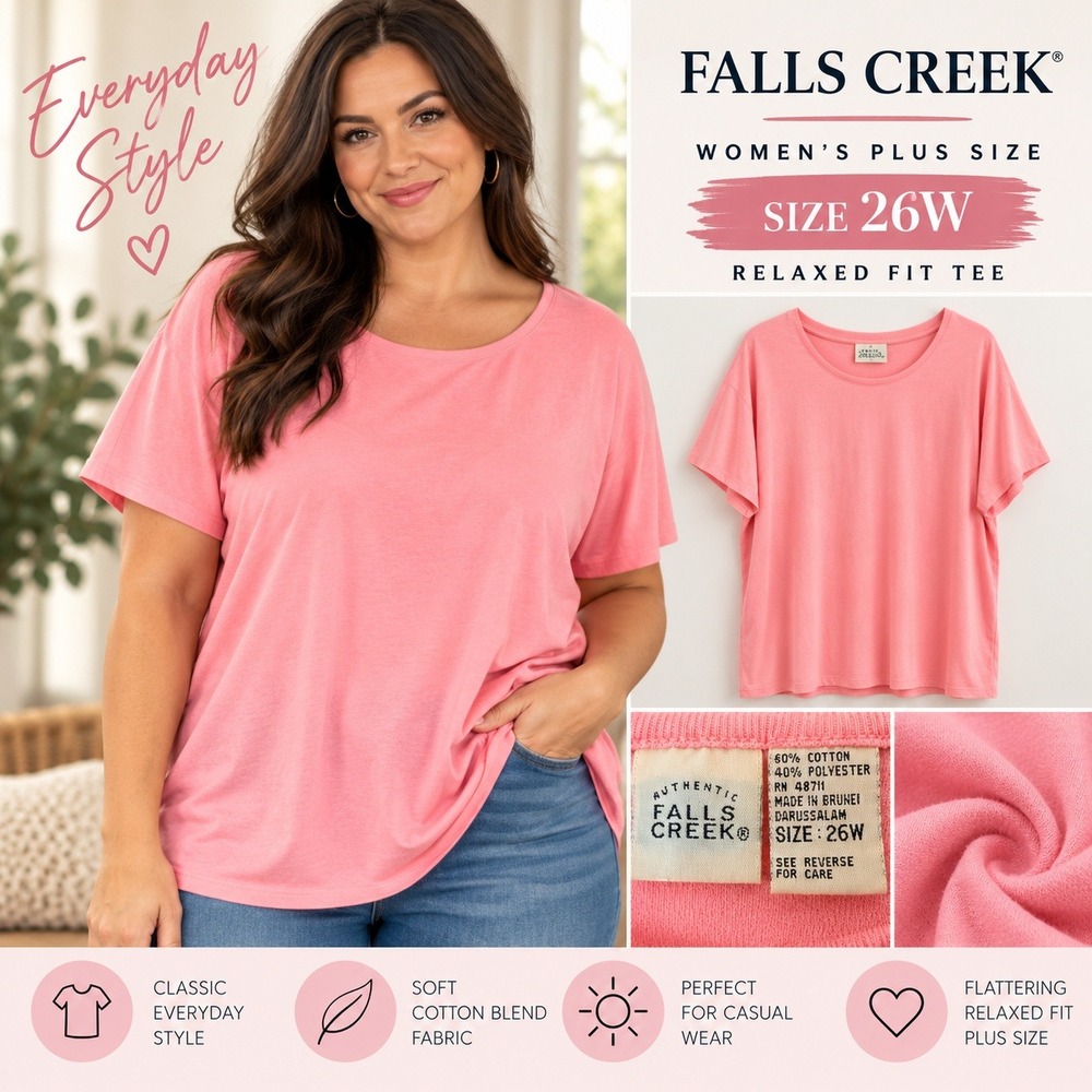 Falls Creek Women's Plus 26W Pink Short Sleeve Tee Relaxed Fit Basic Top